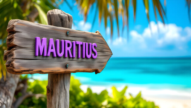 Mauritius wooden sign with beach background
