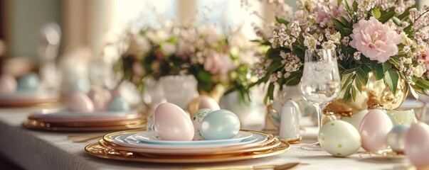 Sophisticated Easter dinner table with elegant floral arrangements, gold-accented plates, and delicate pastel egg decorations