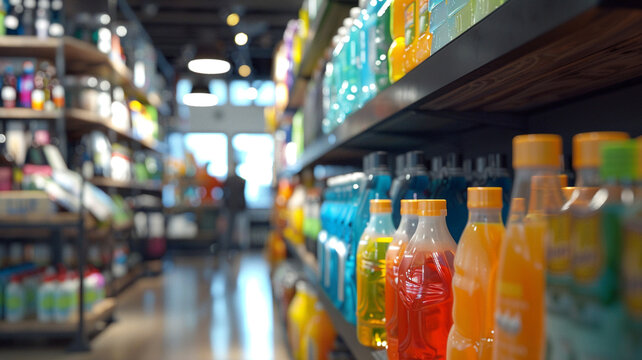A refill station for household cleaners: Customers filling bottles with eco-friendly cleaning solutions at a local store.