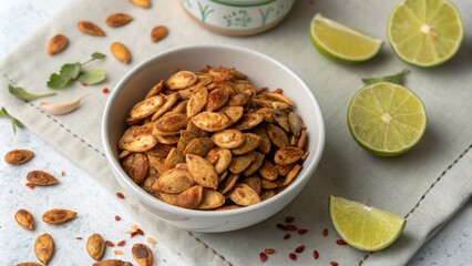 Fototapeta premium A detailed overhead view of a slender elegant bowl filled with ed pumpkin seeds adorned with traces of paprika and garlic. The surrounding area is tered with fresh lime