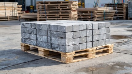 A pallet of construction bricks ready for transport on an industrial site.