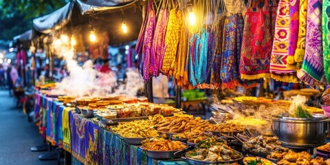 Night market food stalls, vibrant textiles, Asian street food, bustling background
