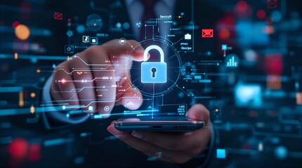 Fototapeta premium Protecting Personal Data: Cybersecurity and Privacy with Lock Icon and Network Security