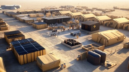 Desert military base camp sunrise; logistical support;  potential use news, military