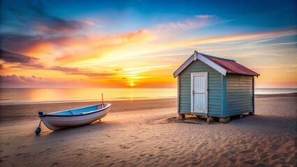 Fototapeta premium Minimalist Beach Scene: Beach Hut, Boat, Sand, Sunset, Coastal