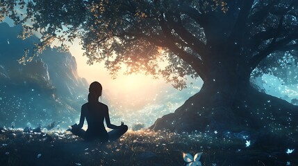 Fototapeta premium Serene Sunset Meditation: A Woman Finds Inner Peace Underneath a Majestic Tree in a Magical Landscape