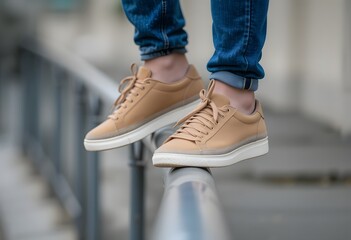 Stylish Tan Leather Sneakers Casual Mens Shoes Fashion