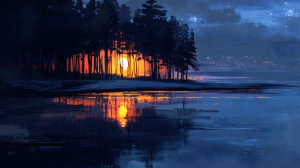 Sunset over Lake  Silhouetted Trees  Reflective Water  Dramatic Sky