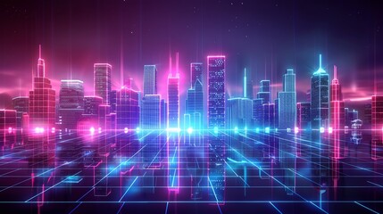Fototapeta premium A futuristic cityscape with a glowing sunset behind it.