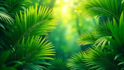 Fototapeta premium Lush tropical greenery frames a serene path through the forest at dawn