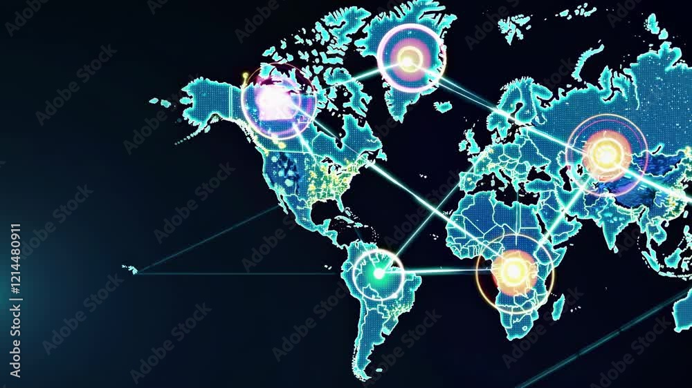Poster exploring global connectivity through digital maps and data visualizations at a technology conferenc
