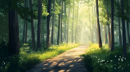 Obraz premium Sunlit Forest Path Lush Greenery Summer Woods