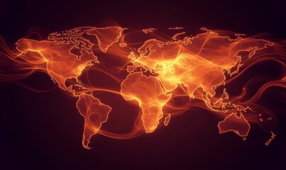 World in Flames: A fiery, abstract map of the world, with glowing lines illustrating the interconnectedness of global issues and the urgency for change