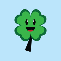Four leaf clover vector icon on white background. Lucky Leaf. Clover emoji illustration. Clover leaf vector emoticon isolated. Happy face expression