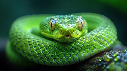 Obraz premium beautiful green snake coiling resting on tree branch with green background