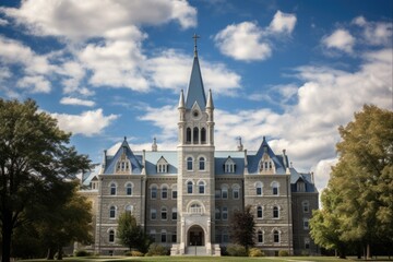 Obraz premium Beautiful Architecture of The Theological College at Catholic University of America, Set Against Blue Sky with Capitol Building in Cityscape