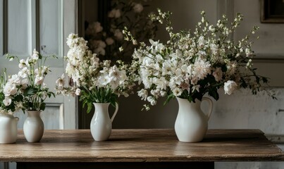 Wooden table with white vases filled with flowers