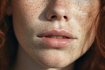Fototapeta premium Beautiful Caucasian Girl Touching Her Face for Skincare and Well-being. Close-up View of a Tender Girl with Freckles on Her Face and Closed Eyes