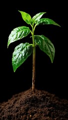 A young sprout emerges from dark soil, its vibrant green leaves reaching towards the light.