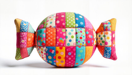 Colorful patchwork candy-shaped pillow on white background, playful decor