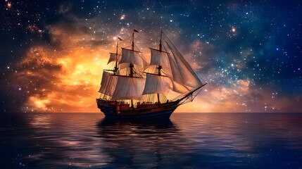 Fototapeta premium Majestic Sailing Ship at Night under Starry Sky