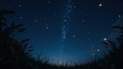 Fototapeta premium Gazing into an expansive night sky, a tapestry of deep blue with tiny white dots shimmering. At its heart lies the majestic swirl of the Milky Way galaxy, enveloping stargazers in cosmic wonder