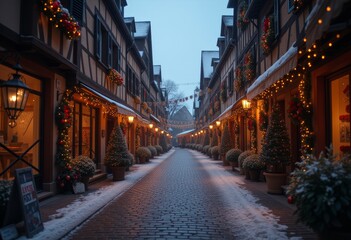 Fototapeta premium Festive street in French village decorated for Christmas.