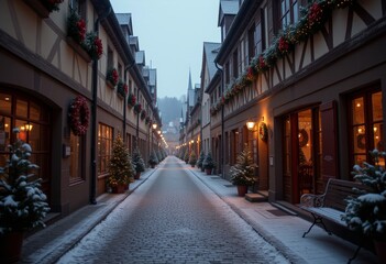 Obraz premium Festive street in French village decorated for Christmas.
