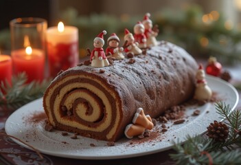 Yule log cake with snowman figurines and candles.