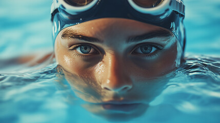 Naklejka premium swimmer in swimming pool,banner mockup,A a person with a swimmers cap with integrated swimming googles