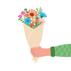 Bouquet with blooming flowers in hand isolated on white background in trendy flat style