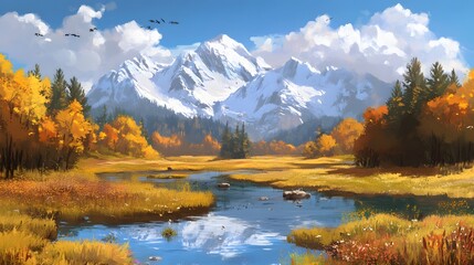 Obraz premium Autumn Mountain Lake Landscape Golden Meadow Snow Peaks Birds