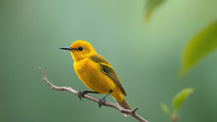 Fototapeta premium Bright yellow mangrove warbler perched on a branch, birdwatching, tropical, mangrove forest