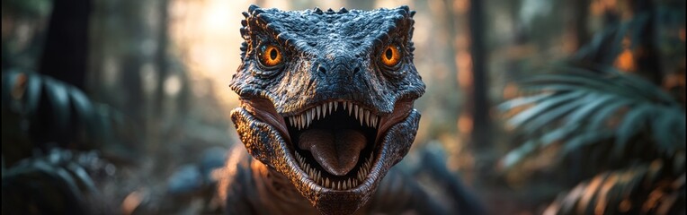 A roaring T-Rex in a forest, merging prehistoric power with nature's vibrancy. Great for entertainment, educational, or adventurous themes.