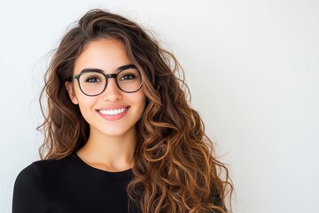 Obraz premium A cheerful young woman with curly hair and glasses smiles, exuding confidence and joy. Ideal for showcasing happiness and positivity.