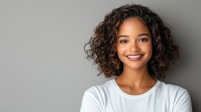 A cheerful young woman with curly hair smiles warmly. She is wearing a casual white t-shirt against a neutral gray background, exuding positivity and confidence.