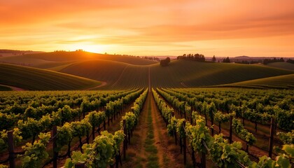 Fototapeta premium Vineyard Sunset: Rolling Hills and Golden Hour