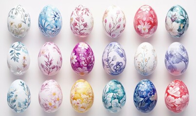 Collection of Perfectly organized Eggs with Floral Designs. Multicolored Easter Background.