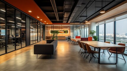 Fototapeta premium Modern Office Interior Design: Sleek Workspace with Panoramic City Views