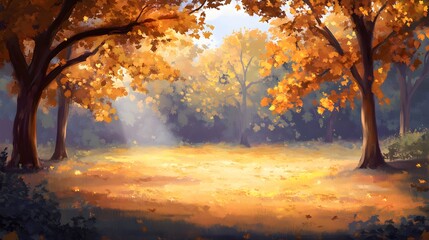 Fototapeta premium Golden Autumn Forest Sunlit Meadow Fall Landscape