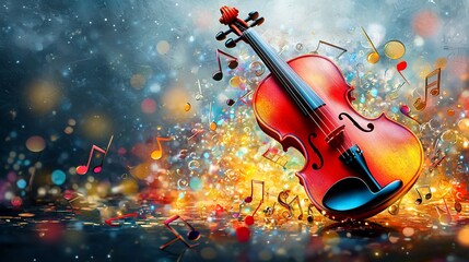 Fototapeta premium Vibrant violin amidst musical notes and sparkling lights.