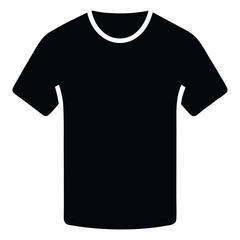 A vector graphic depicting a short sleeved T-shirt featuring a round neckline, rendered in black and white