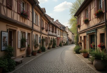 Quaint cobblestone street in French village with flowers.