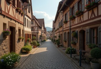 Quaint cobblestone street in French village with flowers.