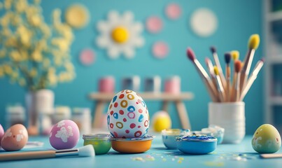 Easter egg decorating station with paint and brushes,