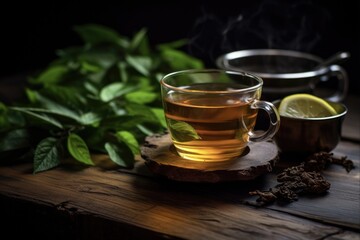 Fototapeta premium Brewing Tea - A Step-by-Step Guide to the Perfect Tea Ceremony. Cup of Black Tea with Warm Soft Light on Wooden Background, with Healthy Fruit and Leaf Accents