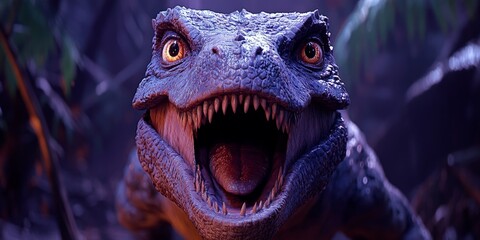 A roaring T-Rex in a forest, merging prehistoric power with nature's vibrancy. Great for entertainment, educational, or adventurous themes.