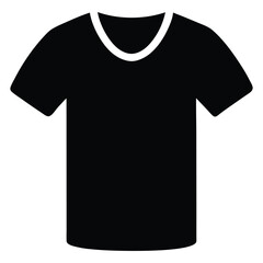 A vector graphic depicting a short sleeved T-shirt featuring a round neckline, rendered in black and white