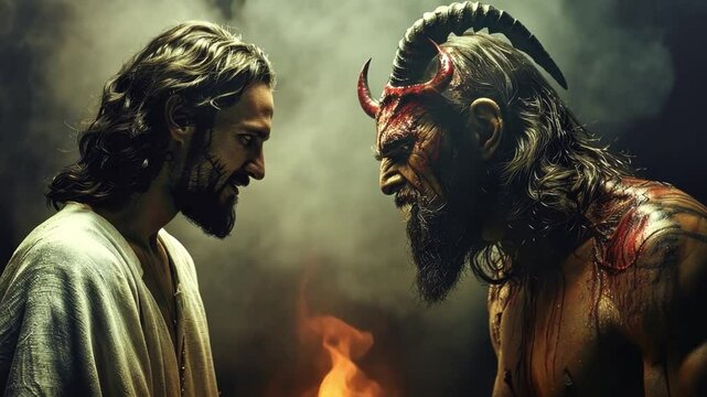 A powerful encounter unfolds as a benevolent figure faces a malevolent being, both radiating tension. The contrasting elements highlight the struggle between good and evil in a stylized atmosphere.