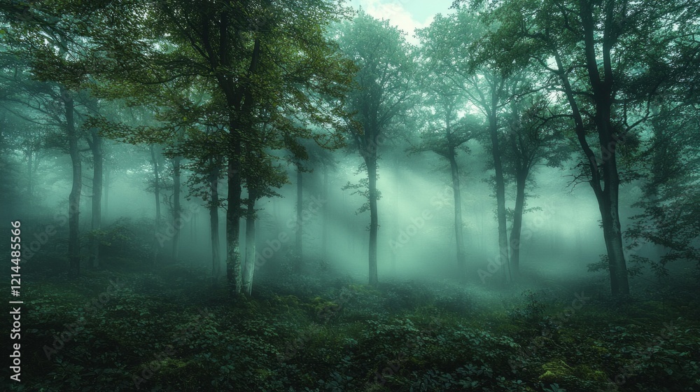 Poster amidst towering trees, a mystical forest awakens as soft beams of light pierce through the thick mis